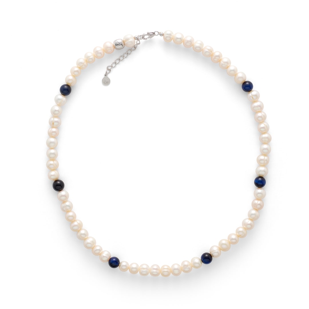 ALEXANDER LYNGGAARD Pearl Necklace with Blue Tiger Eye 8mm Necklaces